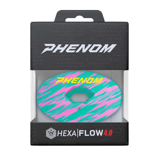 Phenom Elite Hexa-Flow Sharkle football mouthguard — packaged box shot, teal Sharkleberry Fin colorway