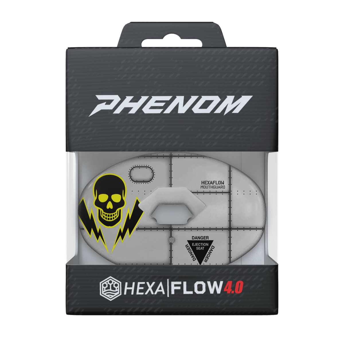 Phenom Elite Hexa-Flow Warhawk football mouthguard — packaged box shot, grey Warhawk colorway