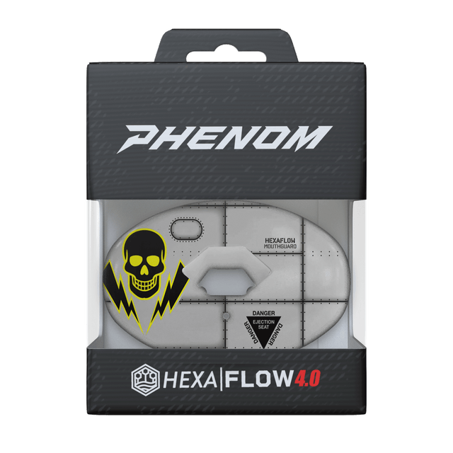 Phenom Elite Hexa-Flow Warhawk football mouthguard — packaged box shot, grey Warhawk colorway
