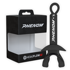 Phenom Elite Hexa-Flow 4.0 football mouthguard — packaged box shot, black colorway