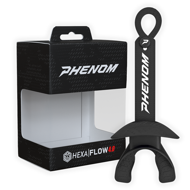 Phenom Elite Hexa-Flow 4.0 football mouthguard — packaged box shot, black colorway