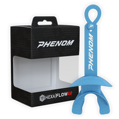 Phenom Elite Hexa-Flow 4.0 football mouthguard — packaged box shot, columbia blue colorway