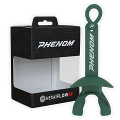 Phenom Elite Hexa-Flow 4.0 football mouthguard — packaged box shot, dark green colorway