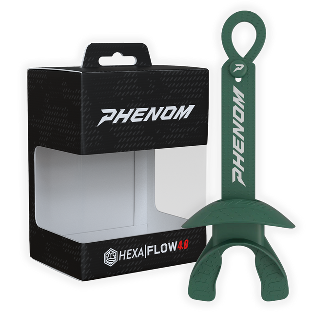 Phenom Elite Hexa-Flow 4.0 football mouthguard — packaged box shot, dark green colorway