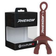 Phenom Elite Hexa-Flow 4.0 football mouthguard — packaged box shot, maroon colorway