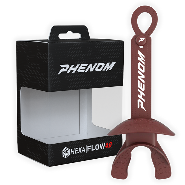 Phenom Elite Hexa-Flow 4.0 football mouthguard — packaged box shot, maroon colorway
