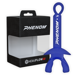 Phenom Elite Hexa-Flow 4.0 football mouthguard — packaged box shot, navy blue colorway