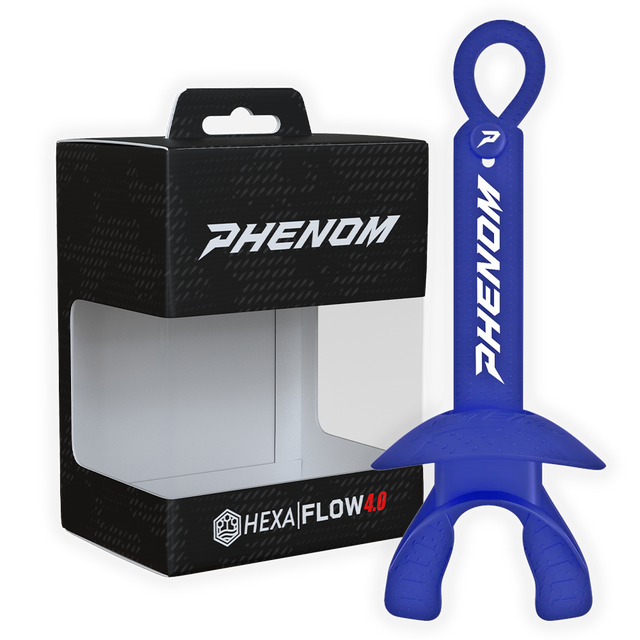 Phenom Elite Hexa-Flow 4.0 football mouthguard — packaged box shot, navy blue colorway