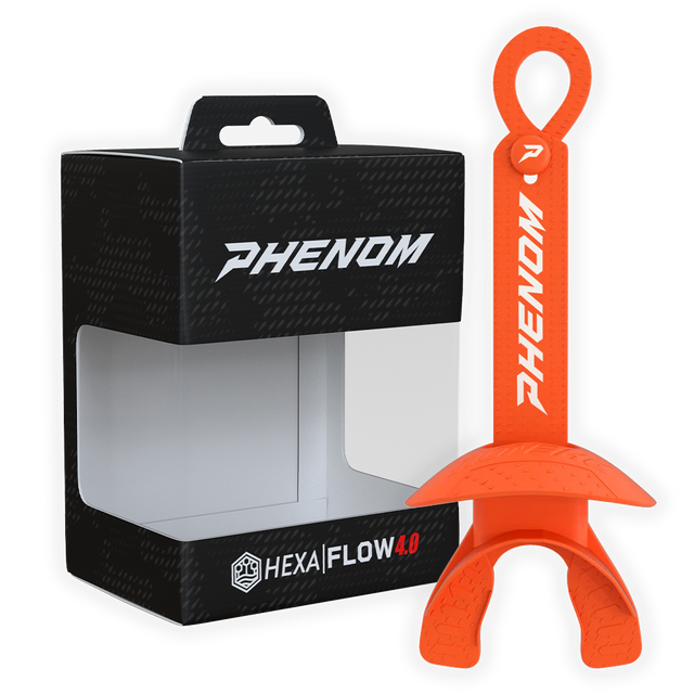 Phenom Elite Hexa-Flow 4.0 football mouthguard — packaged box shot, orange colorway