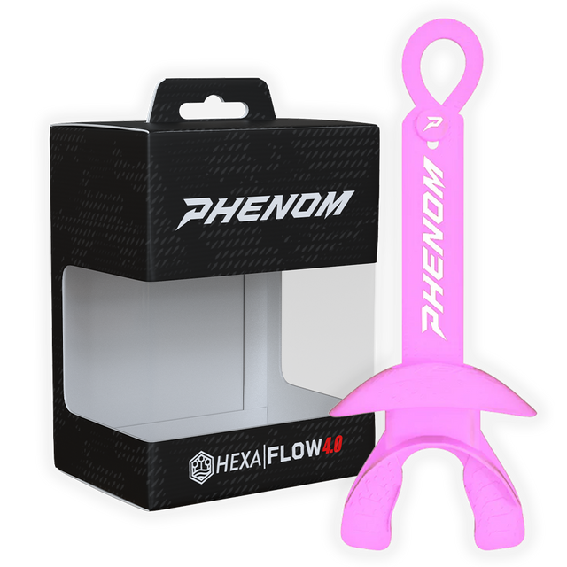 Phenom Elite Hexa-Flow 4.0 football mouthguard — packaged box shot, pink colorway
