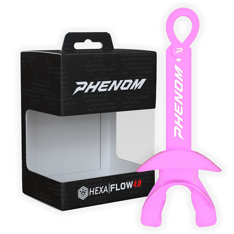 Phenom Elite Hexa-Flow 4.0 football mouthguard — packaged box shot, pink colorway