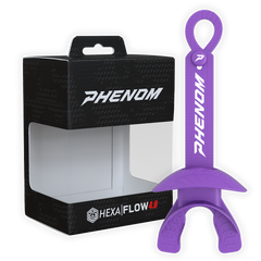 Phenom Elite Hexa-Flow 4.0 football mouthguard — packaged box shot, purple colorway