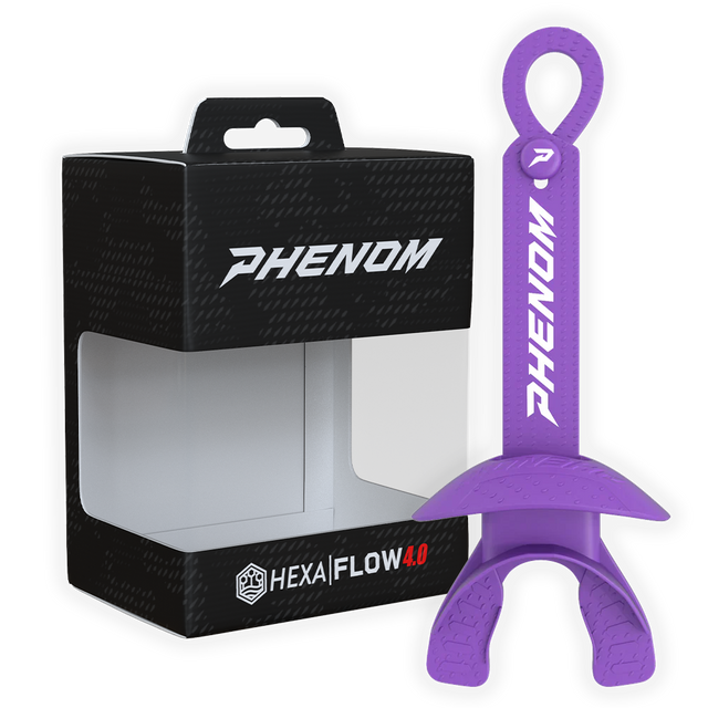 Phenom Elite Hexa-Flow 4.0 football mouthguard — packaged box shot, purple colorway