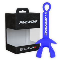 Phenom Elite Hexa-Flow 4.0 football mouthguard — packaged box shot, royal blue colorway
