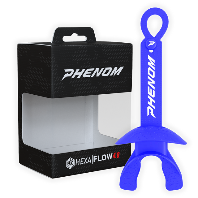 Phenom Elite Hexa-Flow 4.0 football mouthguard — packaged box shot, royal blue colorway