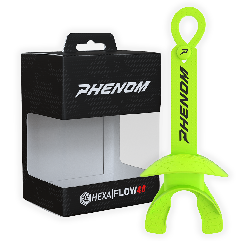 Phenom Elite Hexa-Flow 4.0 football mouthguard — packaged box shot, slime green colorway