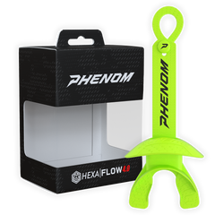 Phenom Elite Hexa-Flow 4.0 football mouthguard — packaged box shot, slime green colorway