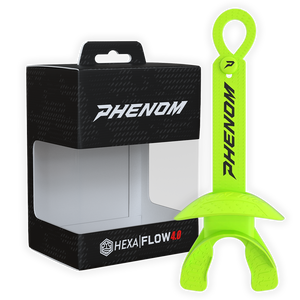 Phenom Elite Hexa-Flow 4.0 football mouthguard — packaged box shot, slime green colorway