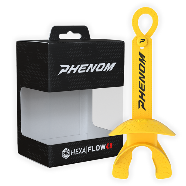 Phenom Elite Hexa-Flow 4.0 football mouthguard — packaged box shot, yellow colorway