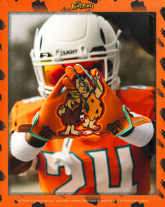 Phenom Elite Flintstones football gloves launch graphic — orange Bedrock Blitz palms detail