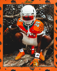 Phenom Elite Flintstones football gloves launch graphic — orange Bedrock Blitz product feature