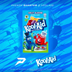 Phenom Elite Kool-Aid Great Bluedini football gloves — launch graphic with Bluedini Kool-Aid packet detailing