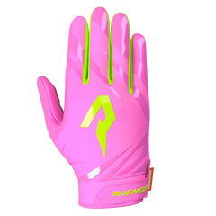Phenom Elite Patrick Star Vapor-Stick football gloves — pink and green licensed Nickelodeon gloves, backhand view of Lycra silicone-print shell