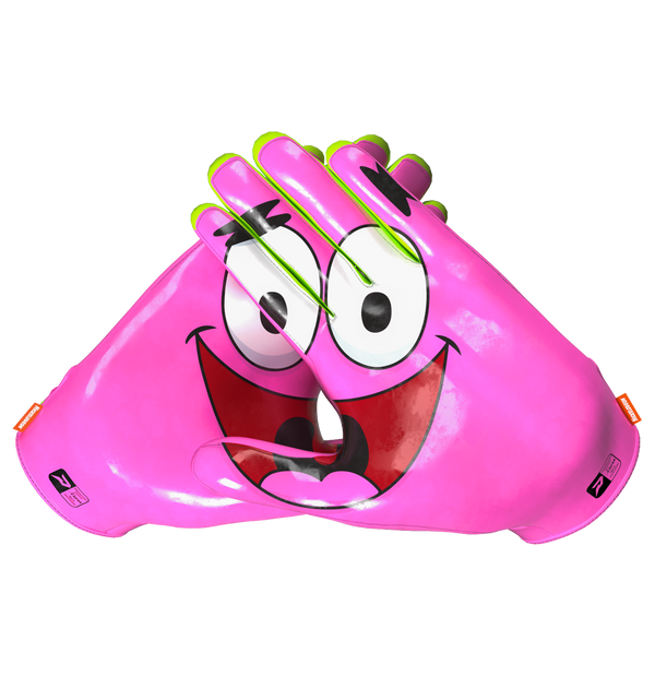 Phenom Elite Patrick Star Vapor-Stick football gloves — pink and green licensed Nickelodeon gloves, palm view showing silicone Vapor-Stick grip with Patrick artwork