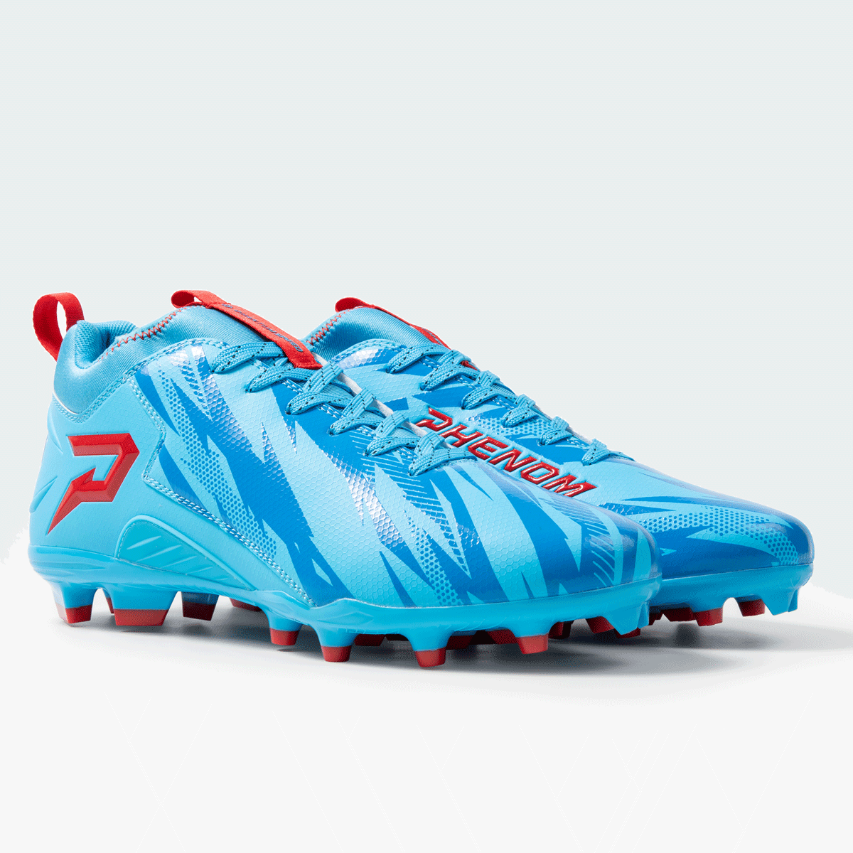 Phenom Elite x Kool-Aid Mixed Berry football cleat — Quantum Speed columbia blue and red low-cut speed cleat, hero shot