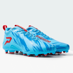 Phenom Elite x Kool-Aid Mixed Berry football cleat — Quantum Speed columbia blue and red low-cut speed cleat, hero shot