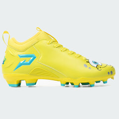 Phenom Elite SpongeBob football cleat — close-up of microfiber upper and laces