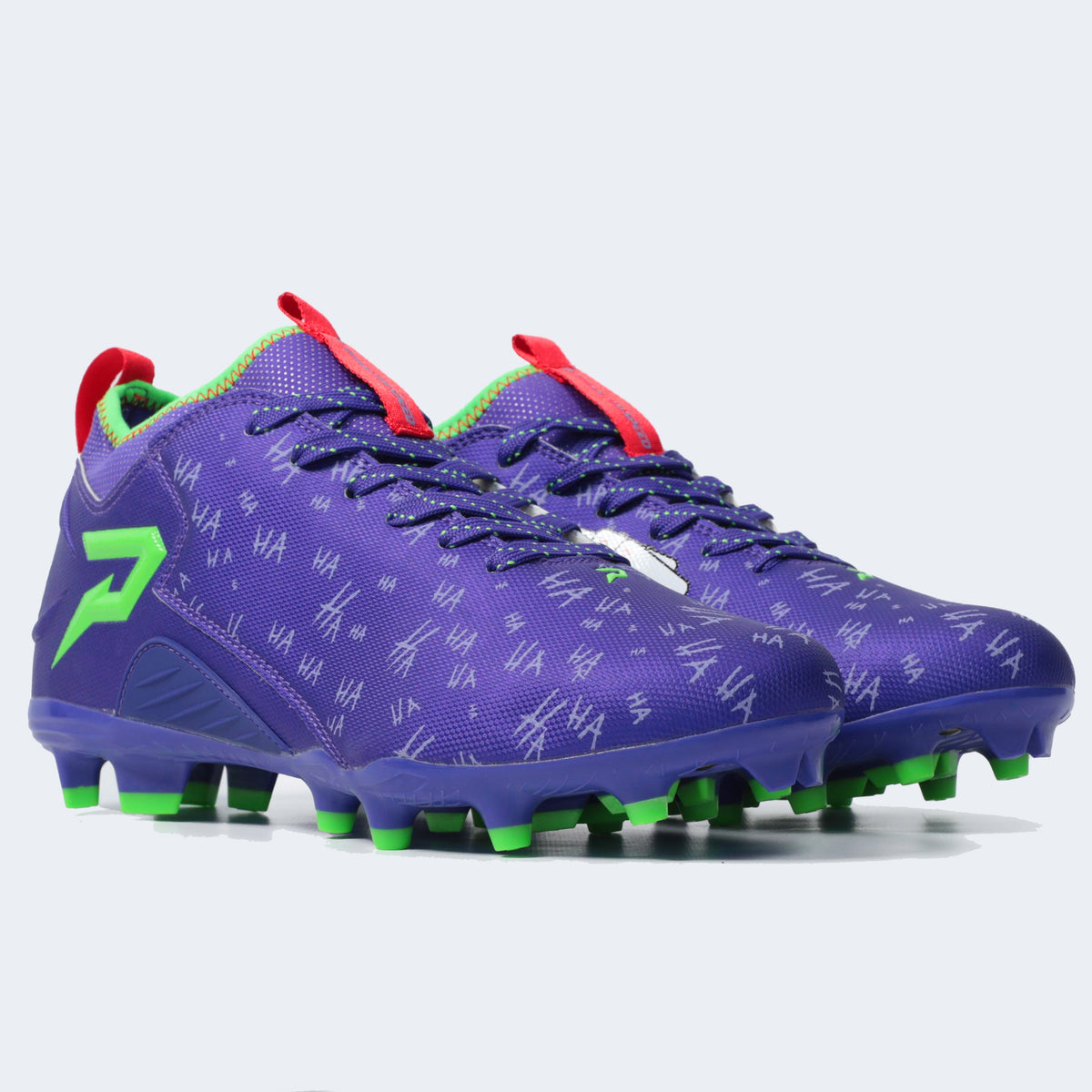 Phenom Elite x DC Comics Classic Joker football cleat — Quantum Speed purple low-cut speed cleat, hero shot of both shoes