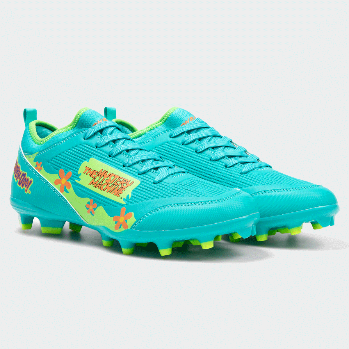 Phenom Elite x Scooby-Doo Mystery Machine football cleat — Velocity 3.0 teal and orange low-cut speed cleat, hero shot