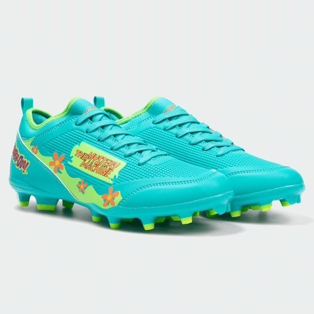 Phenom Elite x Scooby-Doo Mystery Machine football cleat — Velocity 3.0 teal and orange low-cut speed cleat, hero shot