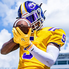 Phenom Elite Quantum Fierce yellow padded football gloves lifestyle