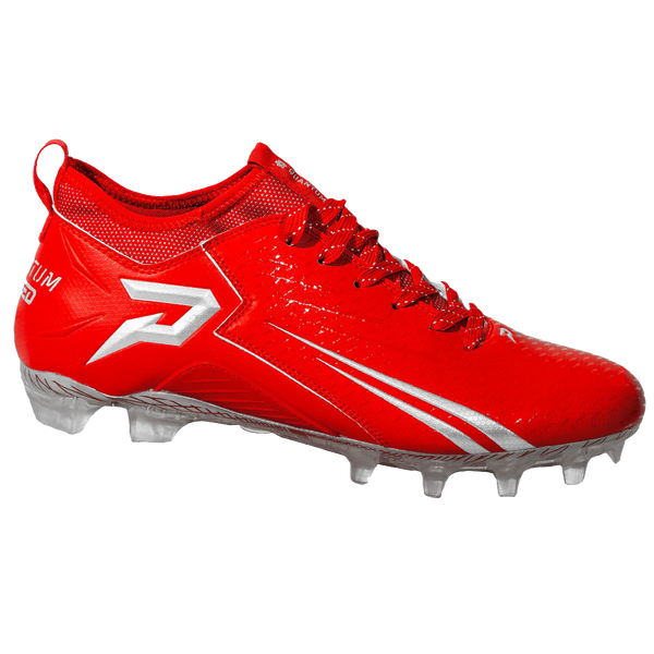 Phenom Elite Quantum Speed red football cleat — solid red low-cut speed cleat, side view