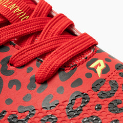Phenom Elite Quantum Carbon Red Leopard football cleat — close-up of red leopard print upper