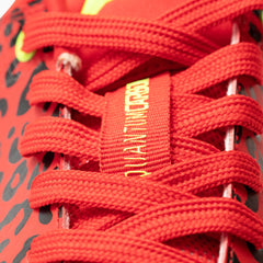 Phenom Elite Quantum Carbon Red Leopard football cleat — close-up of laces