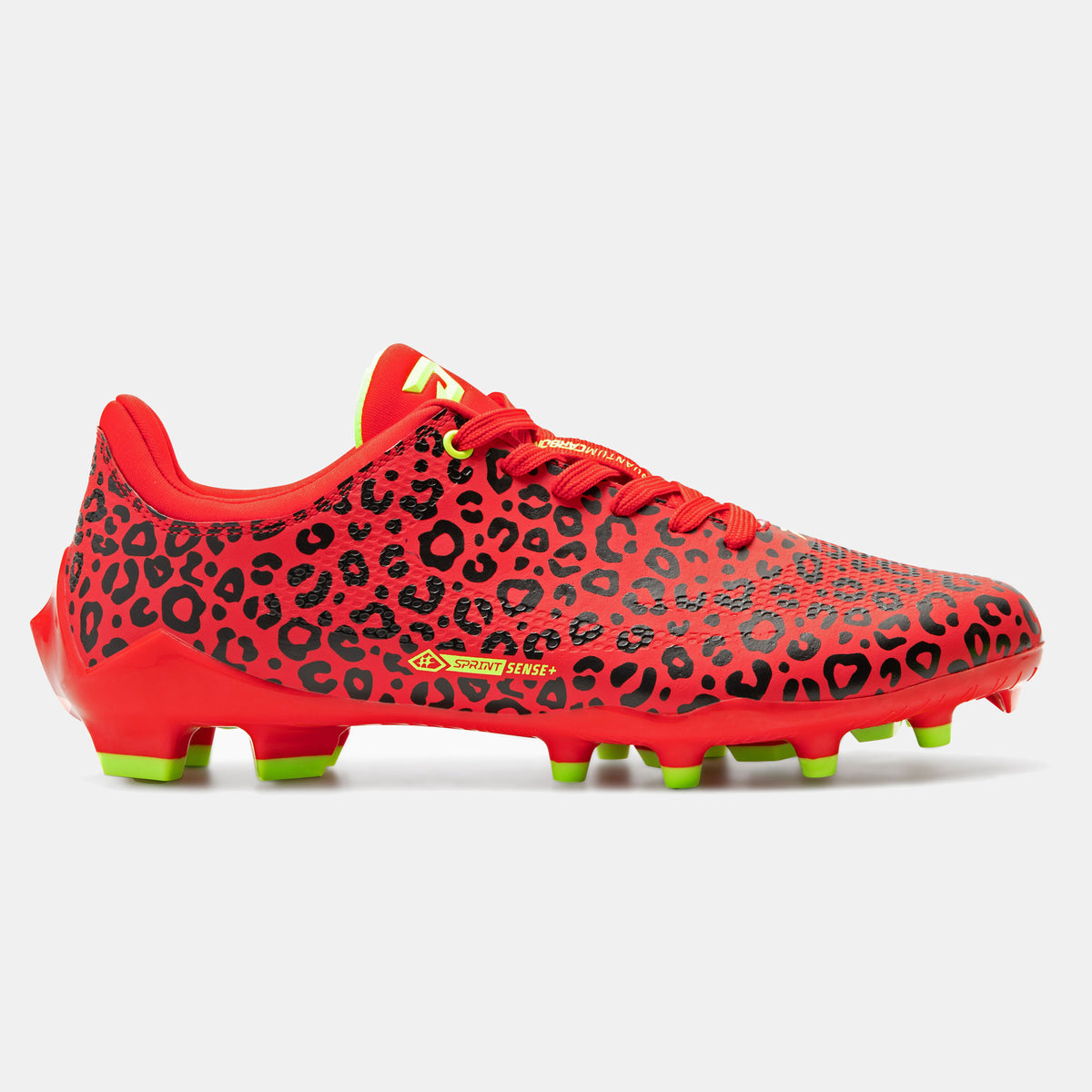 Phenom Elite Quantum Carbon Red Leopard football cleat — side profile, low-cut speed silhouette