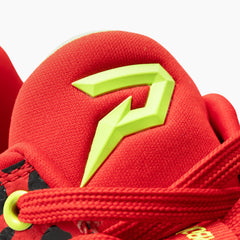 Phenom Elite Quantum Carbon Red Leopard football cleat — close-up of tongue and branding