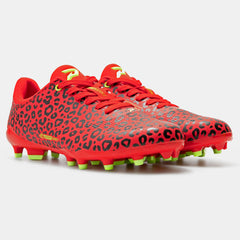 red

Phenom Elite Quantum Carbon Red Leopard football cleat — premium carbon-plate low-cut speed cleat, hero shot