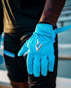 Phenom Elite Quantum Fierce columbia blue padded football gloves lifestyle