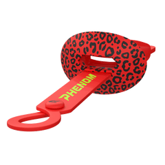Phenom Elite HexaFlow 4.0 SnapPlate Red Leopard football mouthguard — side view of red leopard print hard-shell overlay with dangle strap