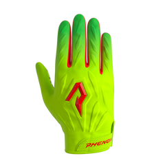 Phenom Elite Quantum Fierce Slime Leopard padded football gloves — slime green leopard print back-of-hand with knuckle padding