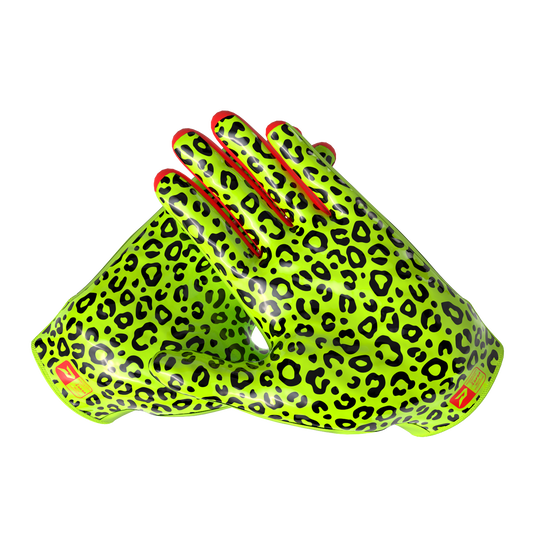 Phenom Elite Quantum Fierce Slime Leopard padded football gloves — Vapor-Stick palm grip detail
