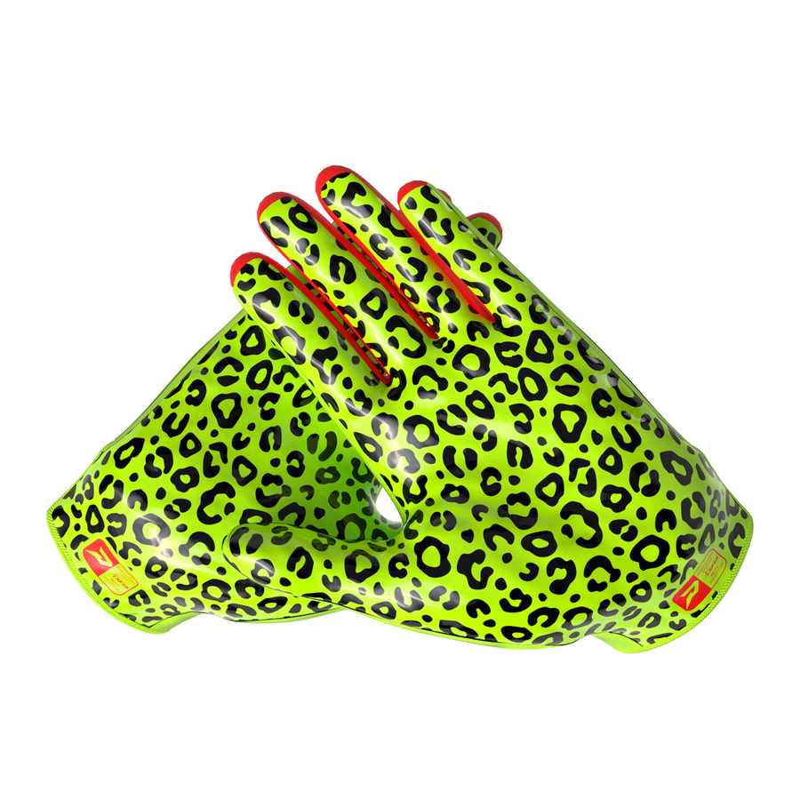 Phenom Elite Quantum Fierce Slime Leopard padded football gloves — Vapor-Stick palm grip detail