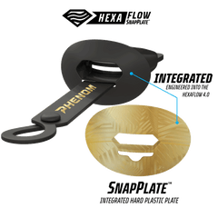 Phenom Elite HexaFlow 4.0 SnapPlate Black Gold Rush football mouthguard — technical detail showing HexaFlow vent channels and SnapPlate construction