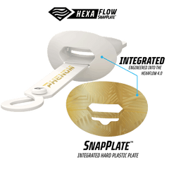 Phenom Elite HexaFlow 4.0 SnapPlate White Gold Rush football mouthguard — technical detail showing HexaFlow vent channels and SnapPlate construction