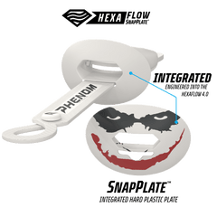 Phenom Elite x DC Comics The Joker HexaFlow 4.0 SnapPlate football mouthguard — technical detail showing HexaFlow vent channels and SnapPlate construction