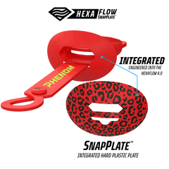 Phenom Elite HexaFlow 4.0 SnapPlate Red Leopard football mouthguard — technical detail showing HexaFlow vent channels and SnapPlate construction